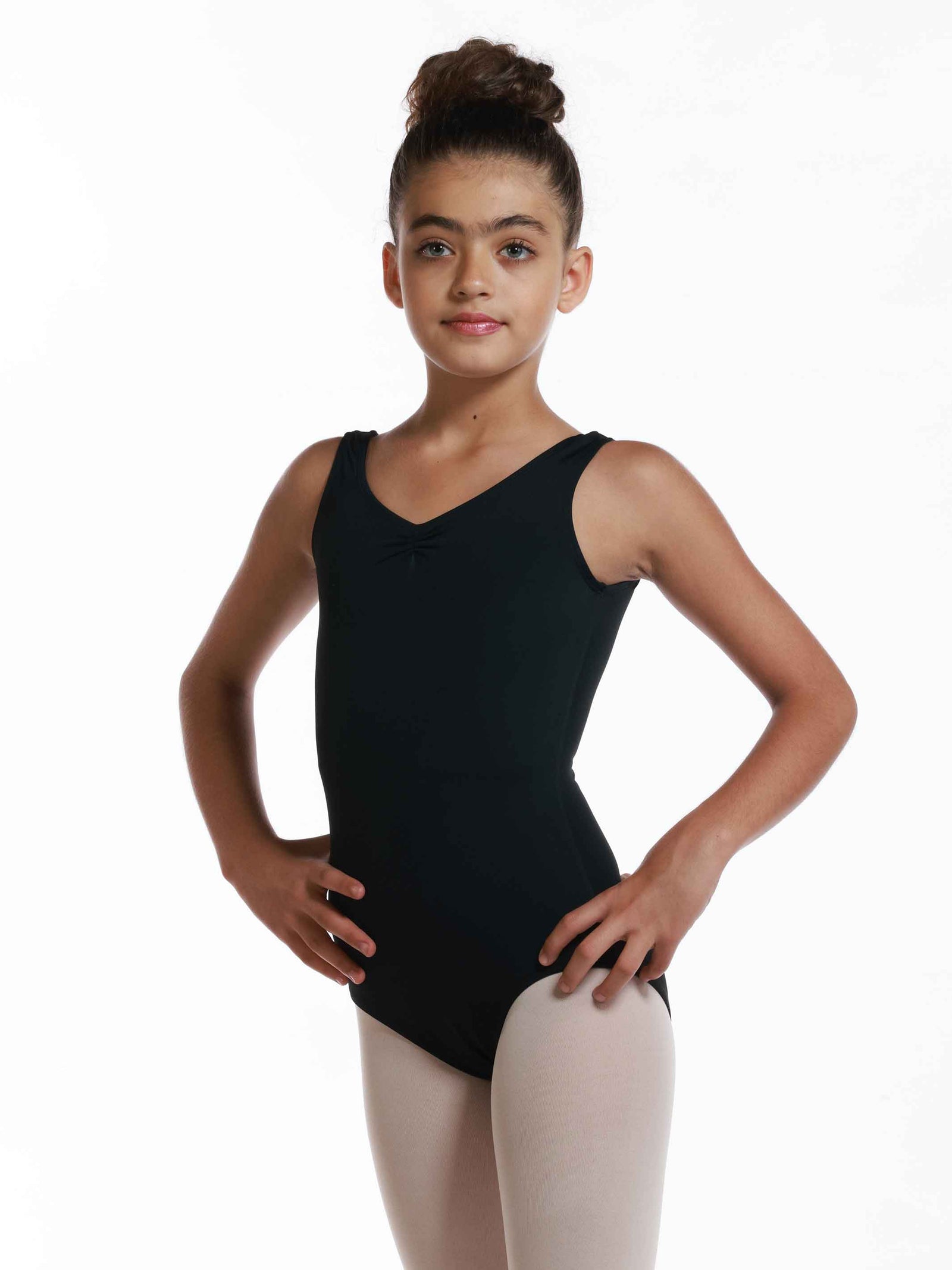 Maillots de ballet à manches tank para enfant, con un design pincé à l'avant, couleur negroe.