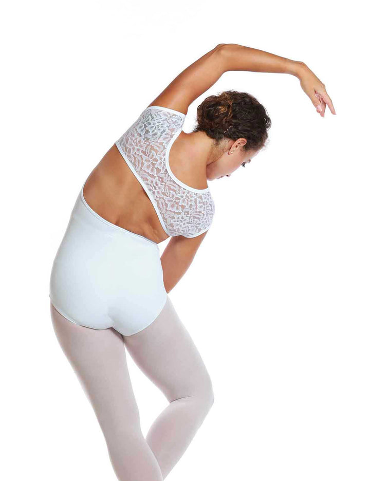 Maillots de ballet blanco à mangas cortas - vue arrière avec dos ouvert fisheye offrant un style raffiné et une libertad de movimiento