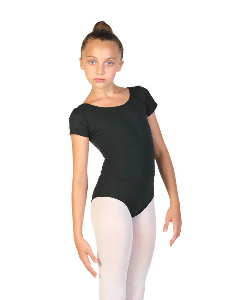 Maillots de ballet à mangas cortas para niña, style classique et sobre, encolure arrondie et dos dégagé, parfait pour les clase quotidiens de ballet et les performances, couleur negro