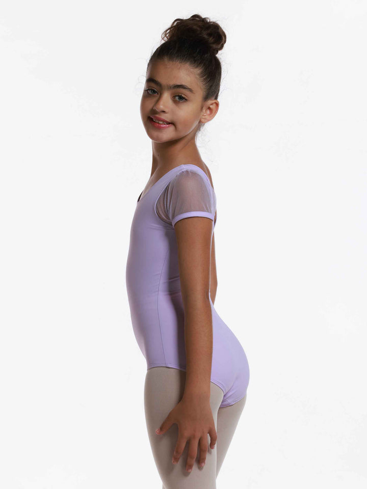 Maillots de ballet royal à mancherons en tul para niñas, décolleté arrondi à l&