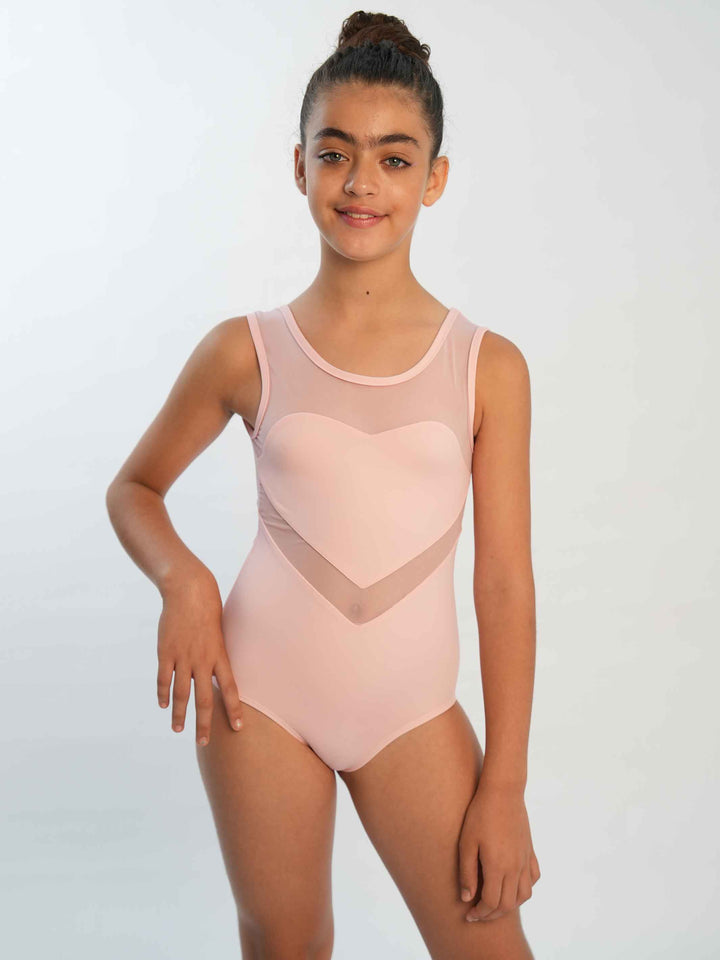 Maillots de ballet sin mangas para niña, design en résille en forme de cœur, couleur rosa clair, idéal pour les jeunes bailarinas à la recherche d’une tenue spéciale