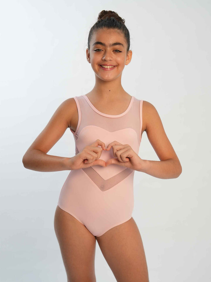 Maillots de ballet sin mangas para niña, design en résille en forme de cœur, couleur rosa clair, idéal pour les jeunes bailarinas à la recherche d’une tenue spéciale
