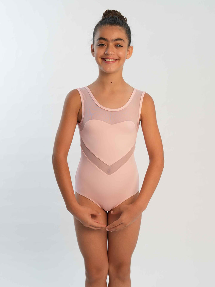 Maillots de ballet sin mangas para niña, design en résille en forme de cœur, couleur rosa clair, idéal pour les jeunes bailarinas à la recherche d’une tenue spéciale - vue de face