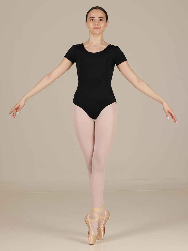 Maillots de ballet à mangas cortas, encolure arrondie y dos dégagé para mujer, couleur negro