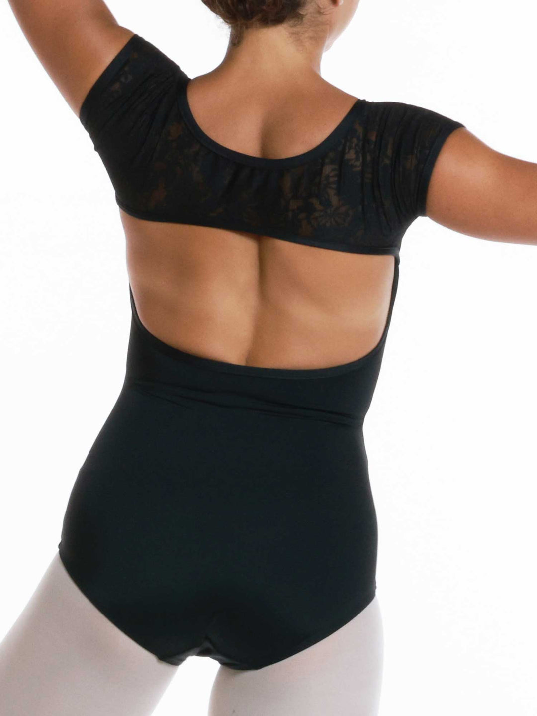 Maillots de ballet negro à mangas cortas - vue arrière avec dos ouvert fisheye offrant un style raffiné et une libertad de movimiento