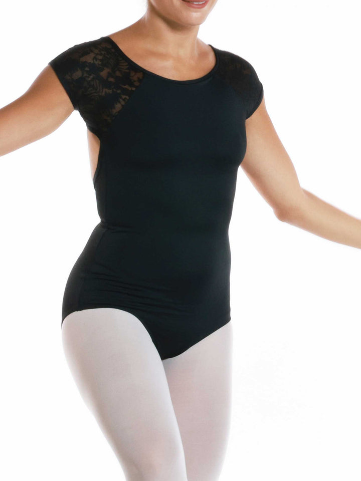Maillots de ballet negro à mangas cortas en malla imprimée para mujer - vue de face présentant la silhouette moderne et elegante