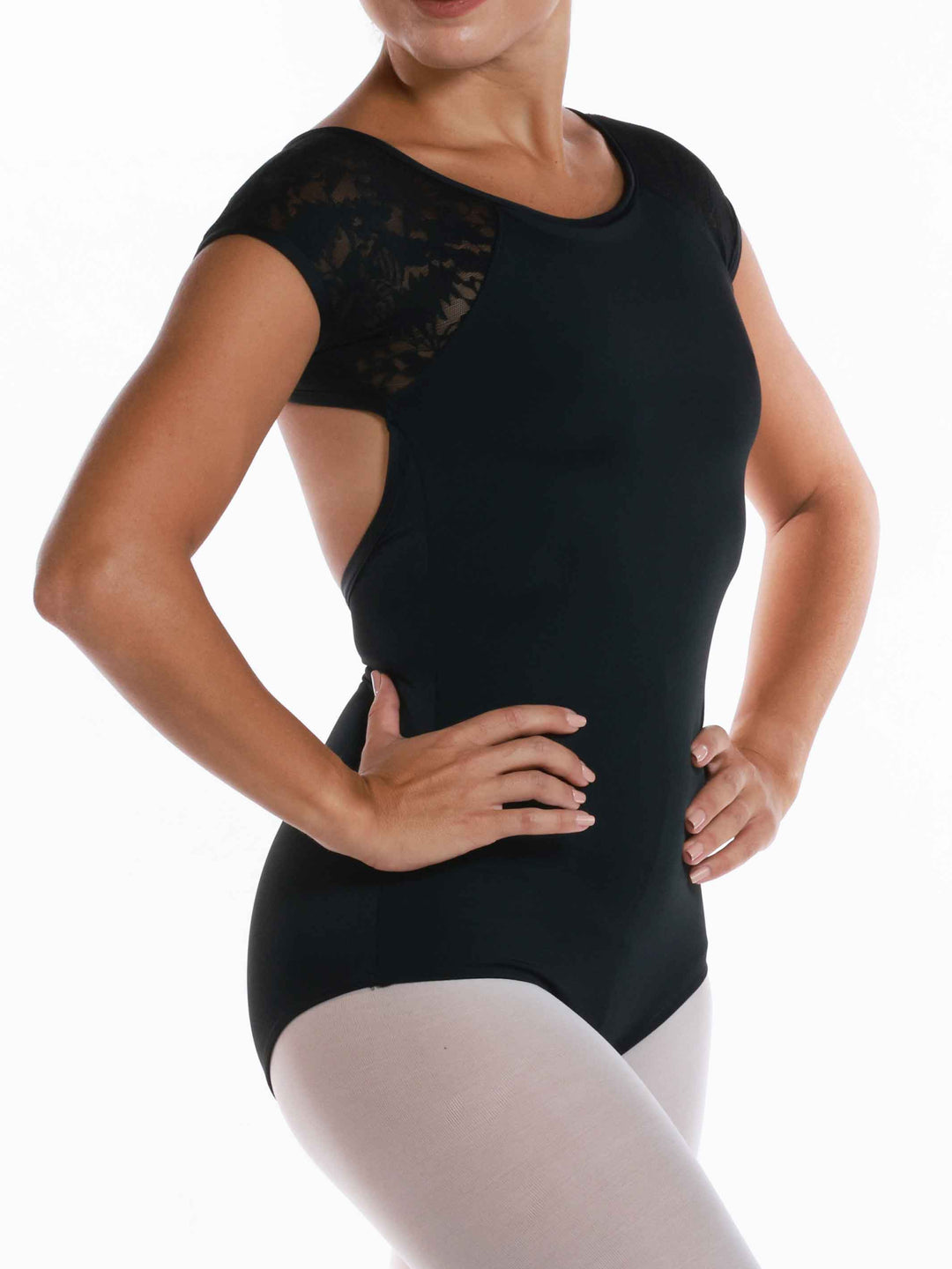 Maillots de danse negro en malla imprimée - vue de profil montrant la coupe ajustadoe et les détails de la malla légère