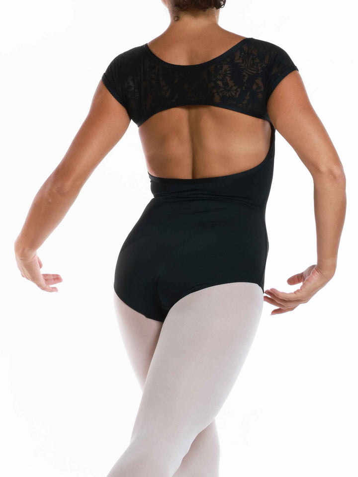 Maillots de ballet negro à mangas cortas - vue complète arrière illustrant le dos ouvert fisheye et la coupe elegante pour la danza contemporánea et le ballet