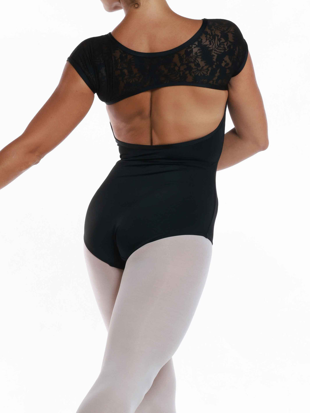 Leotard de ballet negro para mujer - gros plan sur la texture de la malla imprimée et les finitions des mangas cortas