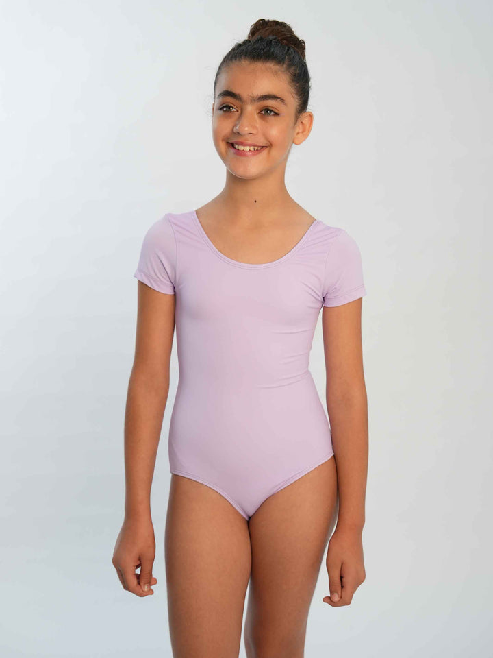 Maillots de ballet à mangas cortas para niña, style classique et sobre, encolure arrondie et dos dégagé, parfait pour les clase quotidiens de ballet et les performances, couleur lilac