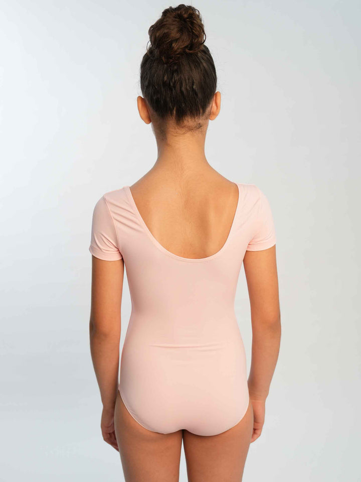 Maillots de ballet à mangas cortas para niña, style classique et sobre, encolure arrondie et dos dégagé, parfait pour les clase quotidiens de ballet et les performances, couleur rosa clair - vue arrière