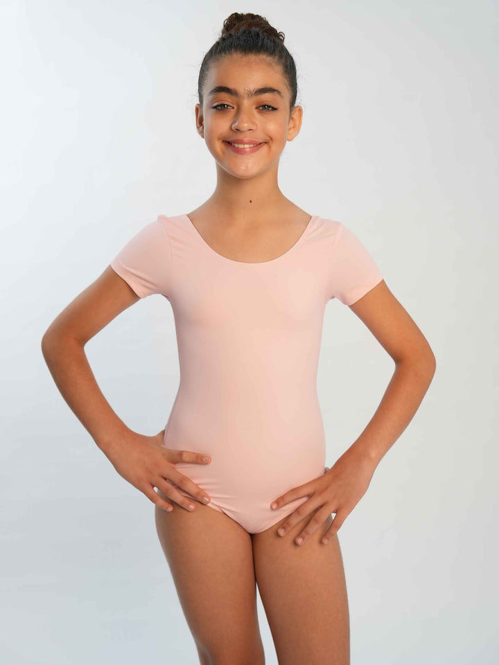 Maillots de ballet à mangas cortas para niña, style classique et sobre, encolure arrondie et dos dégagé, parfait pour les clase quotidiens de ballet et les performances, couleur rosa clair
