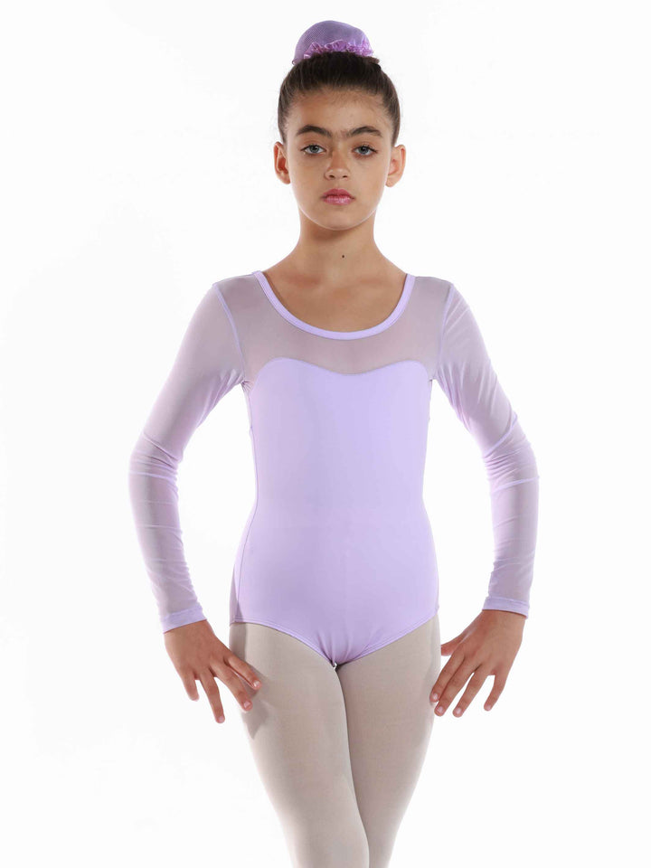 Maillots de ballet en mesh à mangas largas para niña, encolure dégagée à l&