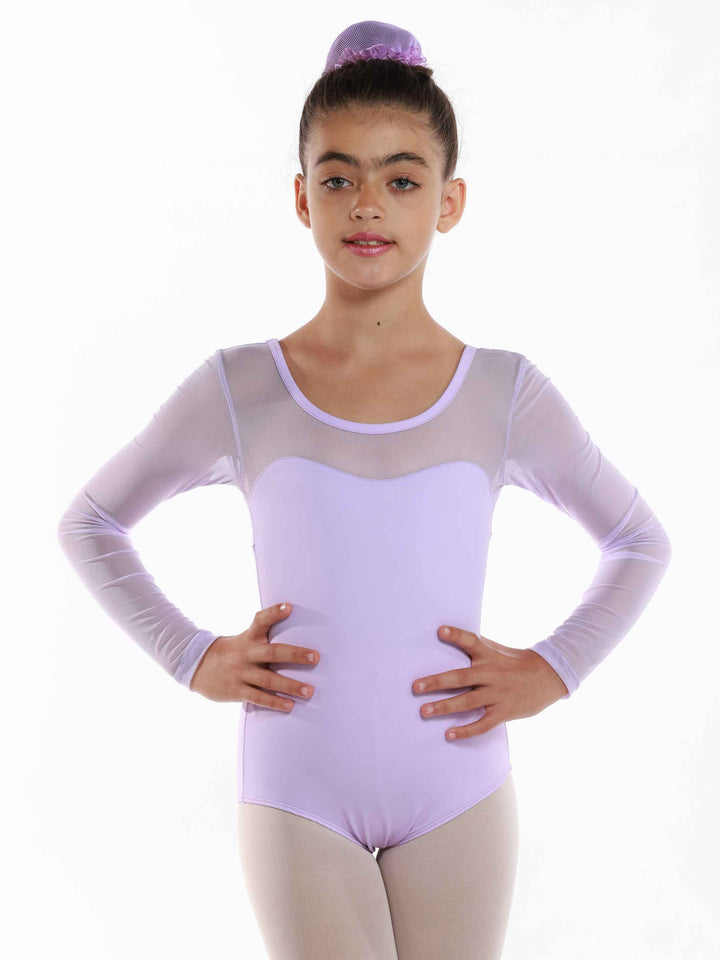 Maillots de ballet en mesh à mangas largas para niña, encolure dégagée à l&