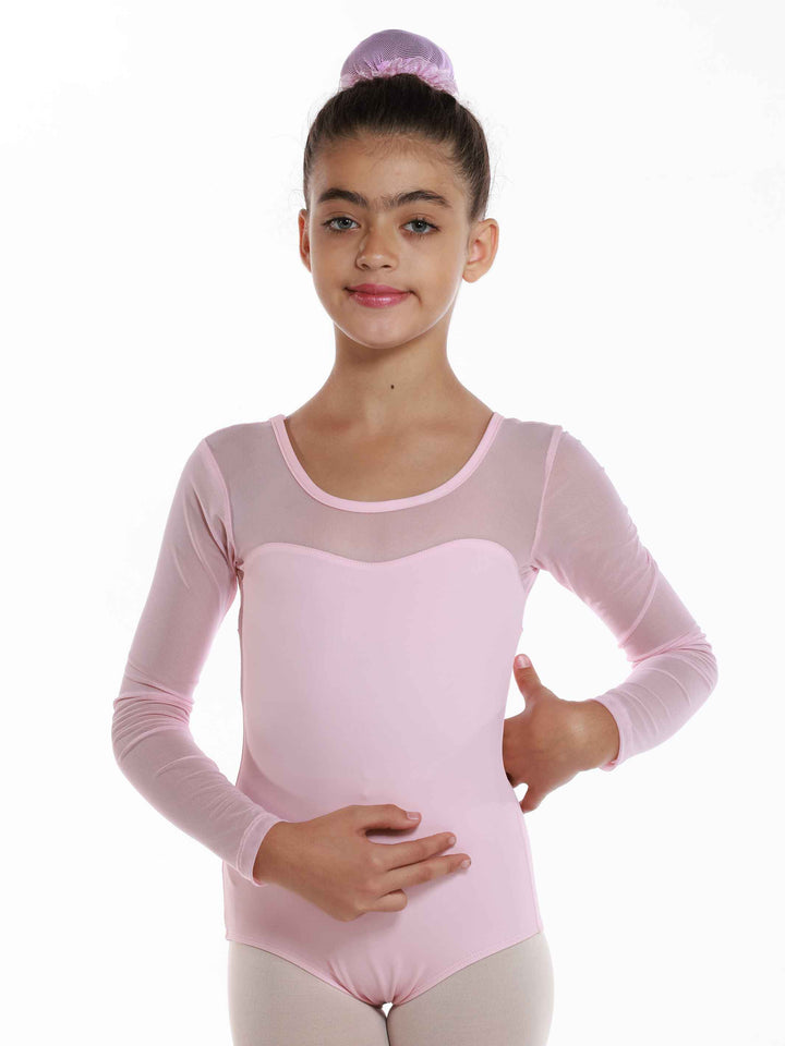 Maillots de ballet en mesh à mangas largas para niña, encolure dégagée à l&