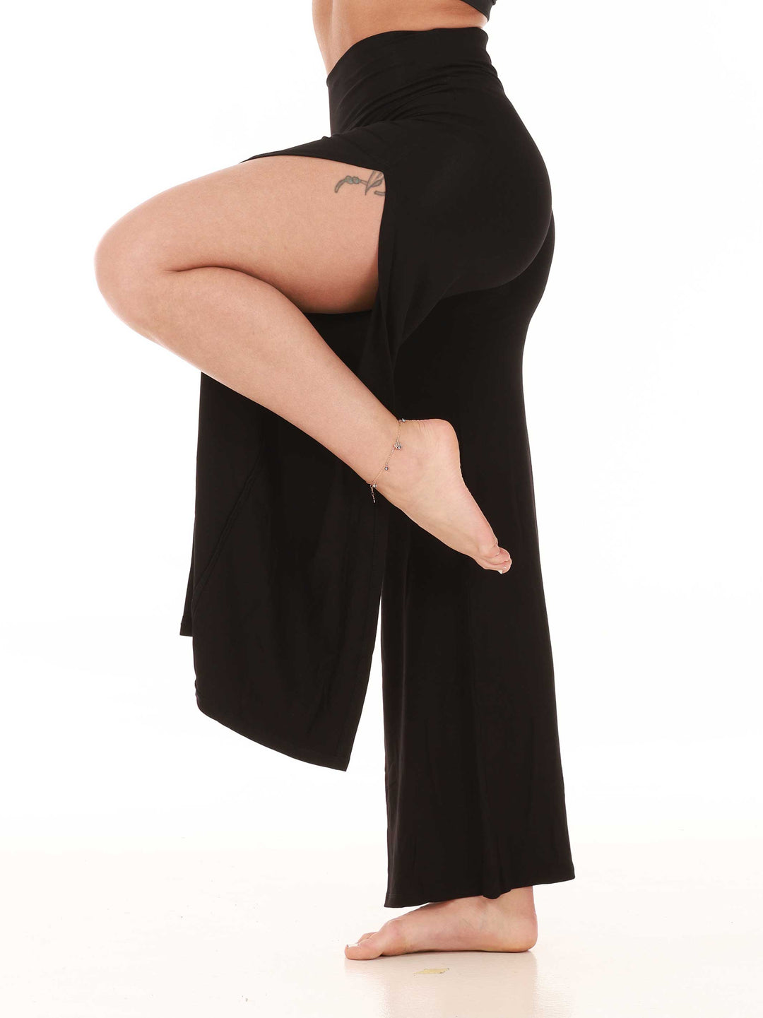 Pantalón fendu para mujer, conçu pour la danza moderna, avec fentes latérales hautes et taille haute, couleur negroe - vue latérale