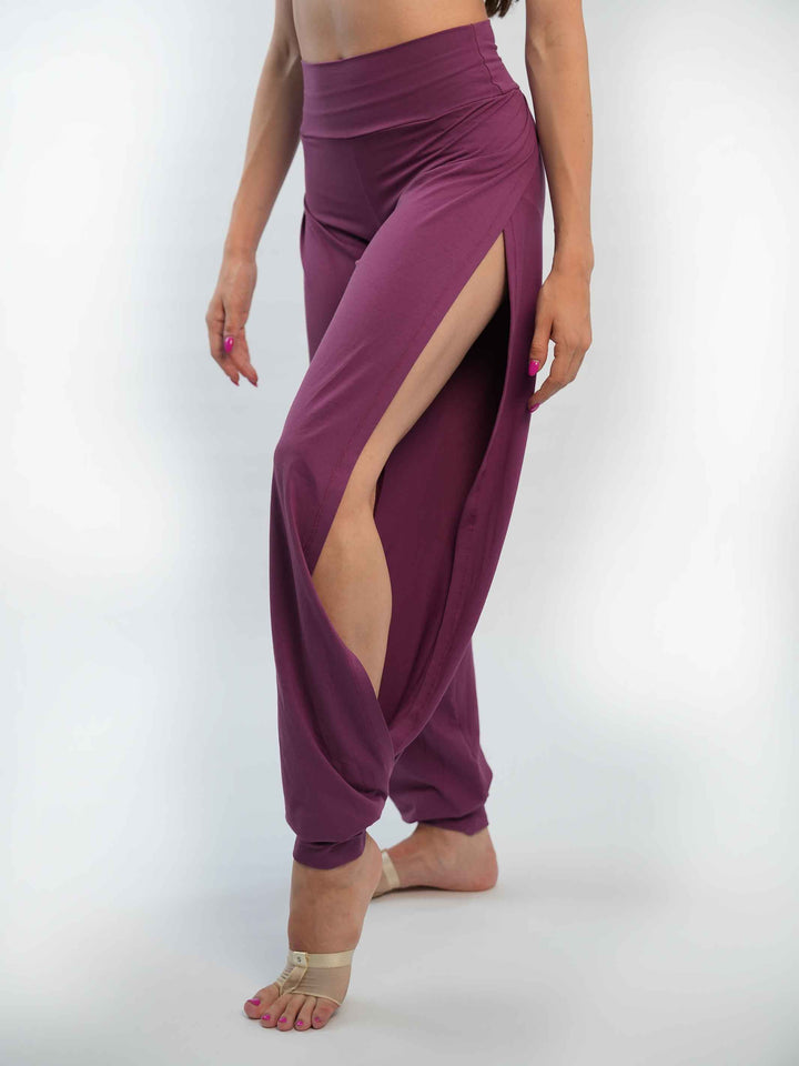 Pantalón de Jazz para mujer – coupe ample et fluido, jambes larges et taille haute, idéal pour le yoga, la danza moderna et contemporaine – couleur mauve foncé