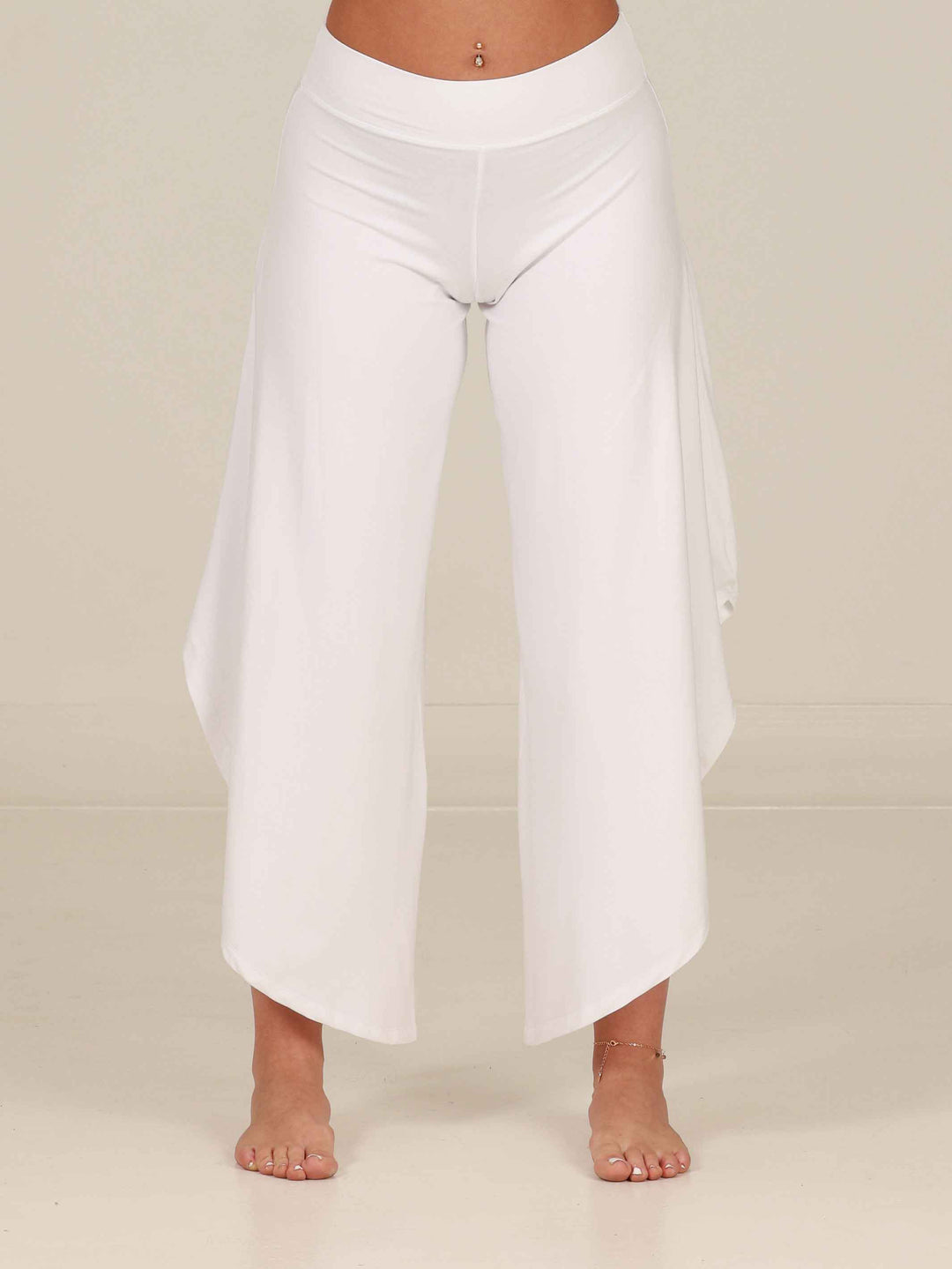 Pantalón flouncy pour danse jazz, danza contemporánea et actuacións para mujer, coupe large et évasée, taille haute pour un ajustement flatteur et sécurisé, couleur blanco - vue de face