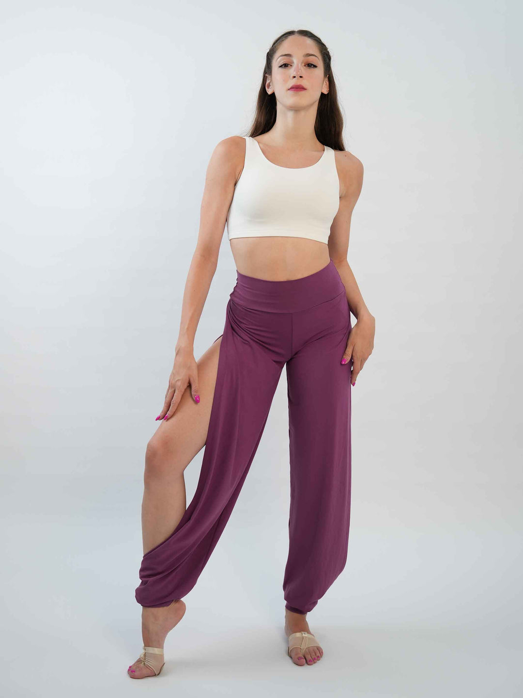 Pantalón de Jazz para mujer – coupe ample et fluido, jambes larges et taille haute, idéal pour le yoga, la danza moderna et contemporaine – couleur mauve foncé