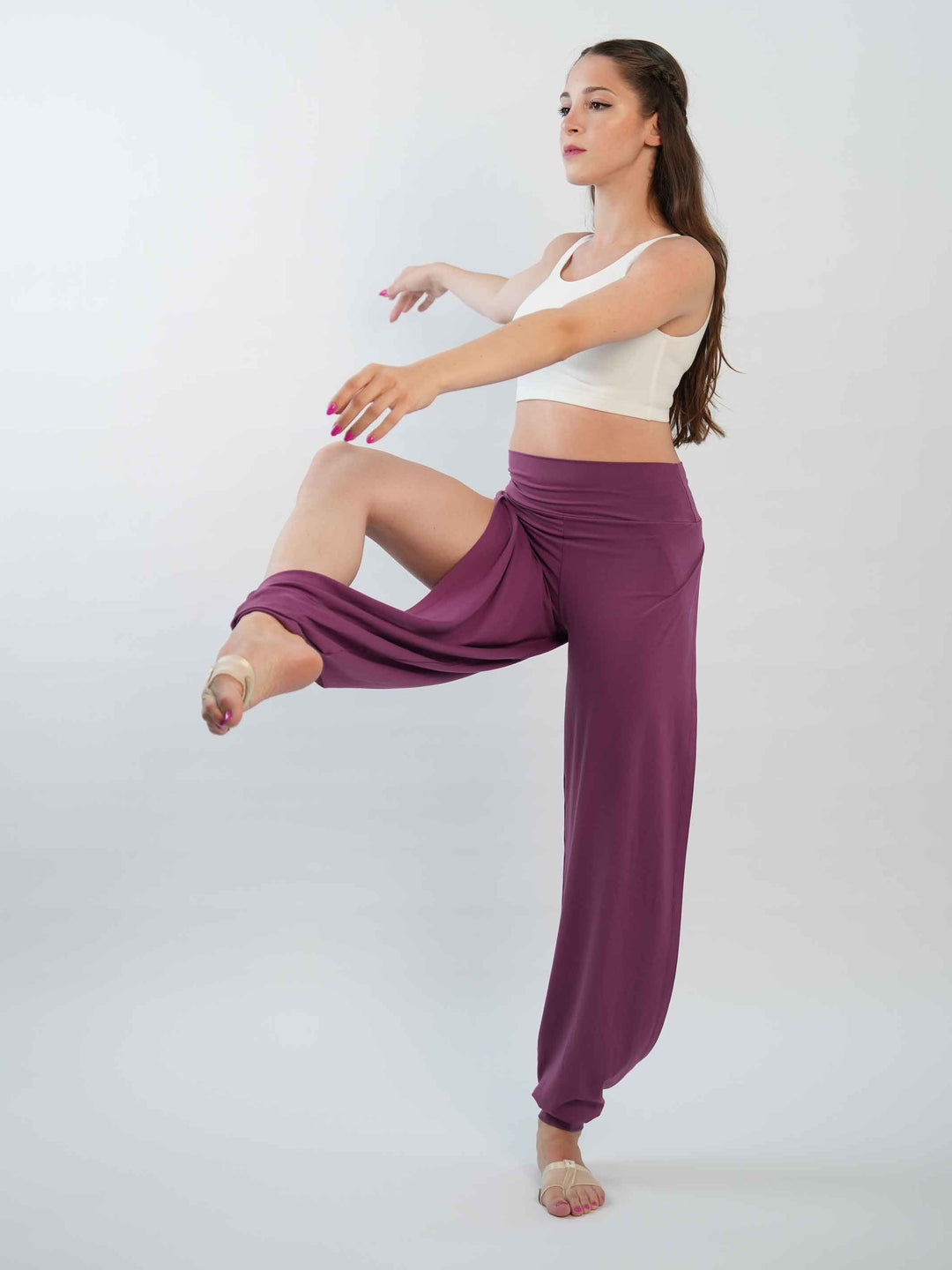 Pantalón de Jazz para mujer – coupe ample et fluido, jambes larges et taille haute, idéal pour le yoga, la danza moderna et contemporaine – couleur mauve foncé