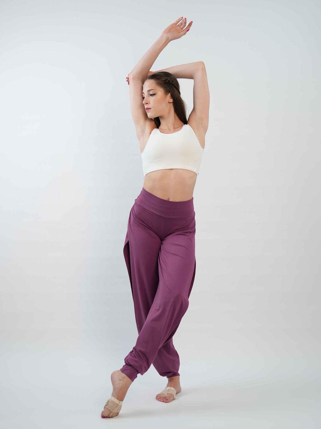 Pantalón de Jazz para mujer – coupe ample et fluido, jambes larges et taille haute, idéal pour le yoga, la danza moderna et contemporaine – couleur mauve foncé