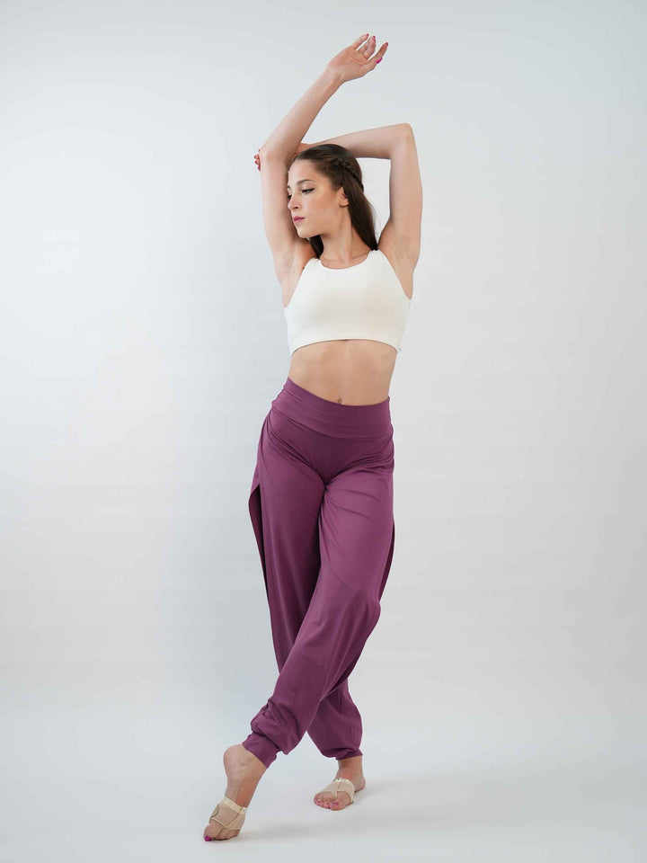 Pantalón de Jazz para mujer – coupe ample et fluido, jambes larges et taille haute, idéal pour le yoga, la danza moderna et contemporaine – couleur mauve foncé