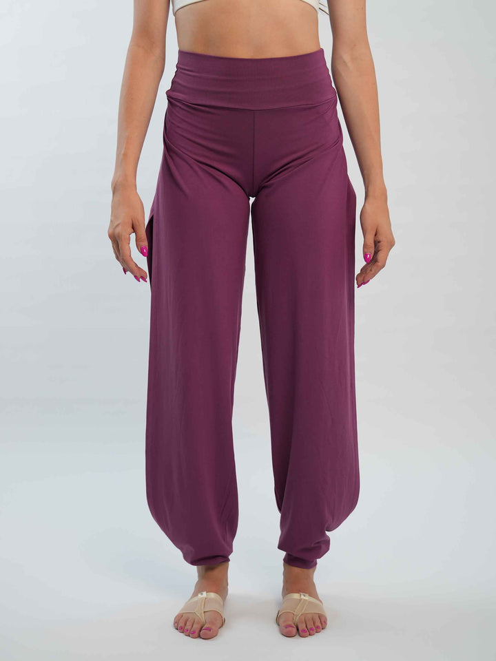 Pantalón de Jazz para mujer – coupe ample et fluido, jambes larges et taille haute, idéal pour le yoga, la danza moderna et contemporaine – couleur mauve foncé - vue de face