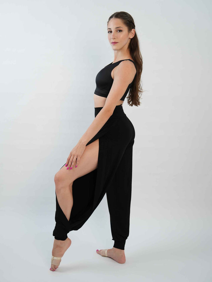 Pantalón de Jazz para mujer – coupe ample et fluido, jambes larges et taille haute, idéal pour le yoga, la danza moderna et contemporaine – couleur negro - vue de côté
