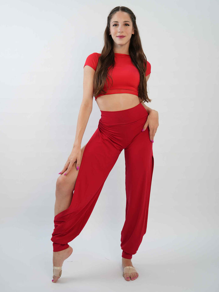 Pantalón de Jazz para mujer – coupe ample et fluido, jambes larges et taille haute, idéal pour le yoga, la danza moderna et contemporaine – couleur rojo