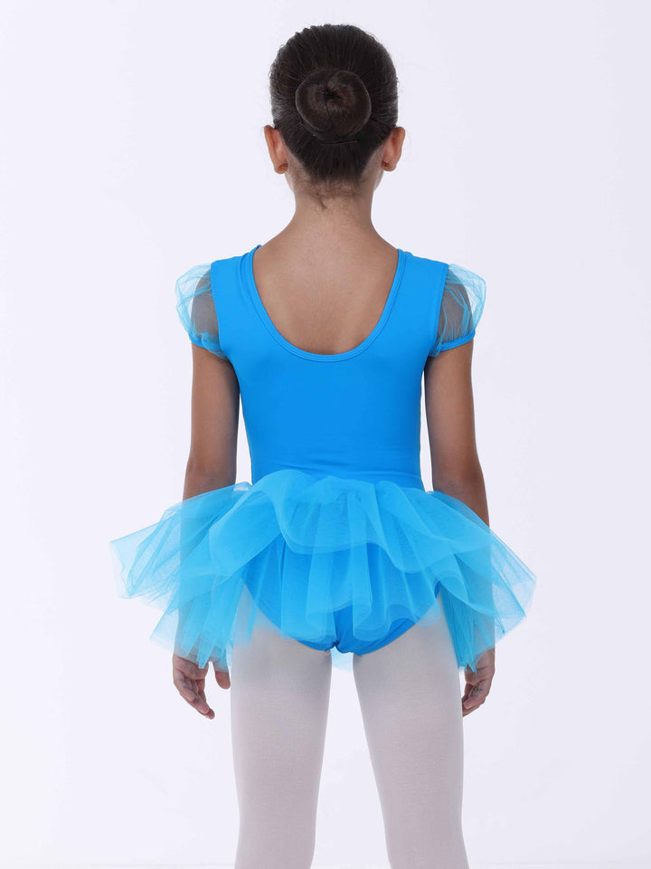 Vue di dos d’une abito di danse blu clair – encolure ronde e gonna in tulle aérienne.