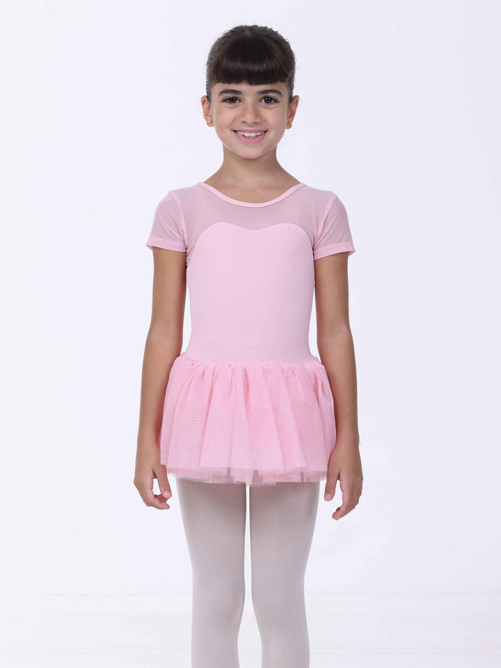 Vestido de danse rosa clair para niña – mangas cortas en tul y buste forme cœur.