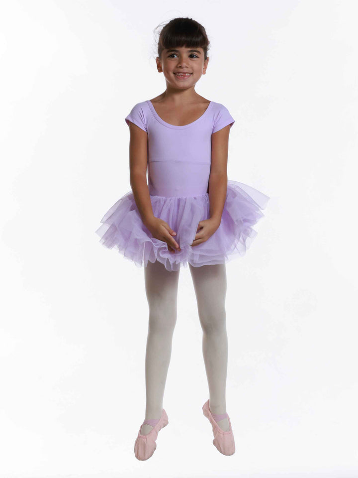 Vestido tutu ballet enfant à mangas cortas, plissée avec ruban au dos, encolure dégagée devant et derrière, couleur lilac