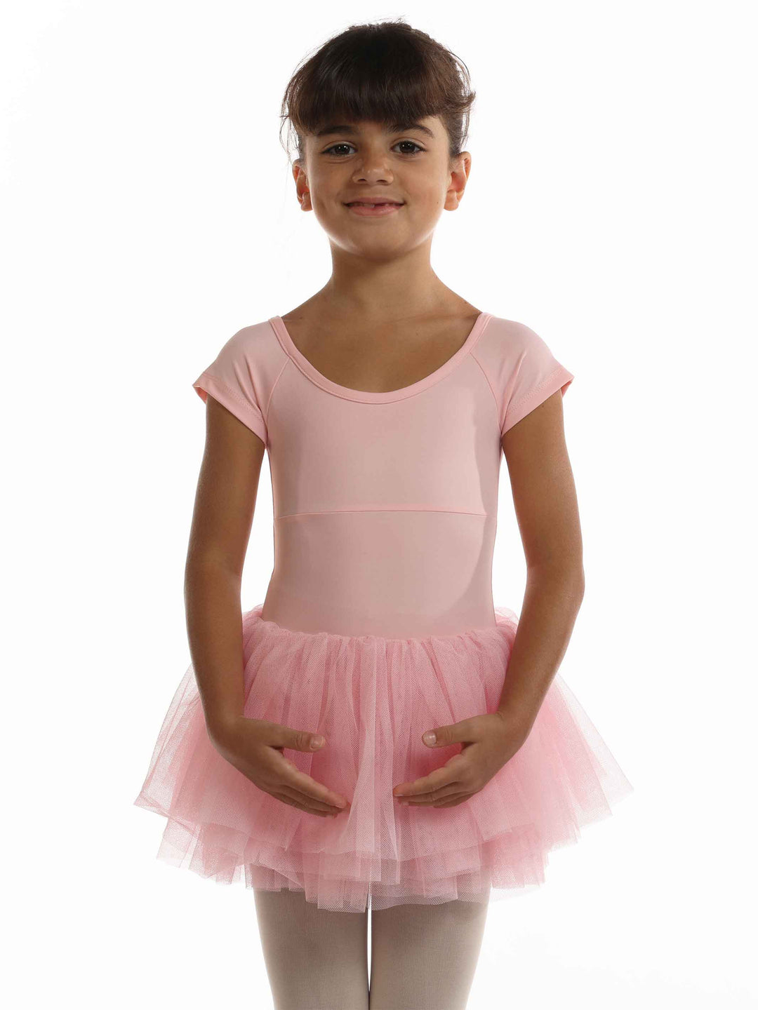 Vestido tutu ballet enfant à mangas cortas, plissée avec ruban au dos, encolure dégagée devant et derrière, couleur rosa clair