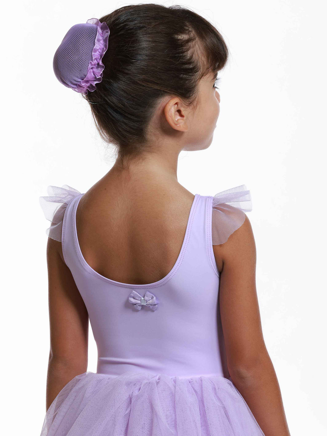 Vestido tutu à manches volantes en tul para niñas, falda volumineuse à plusieurs couches, détail en forme de cœur au dos, idéale pour les clase et actuacións de ballet, couleur lilac - gros plan arrière