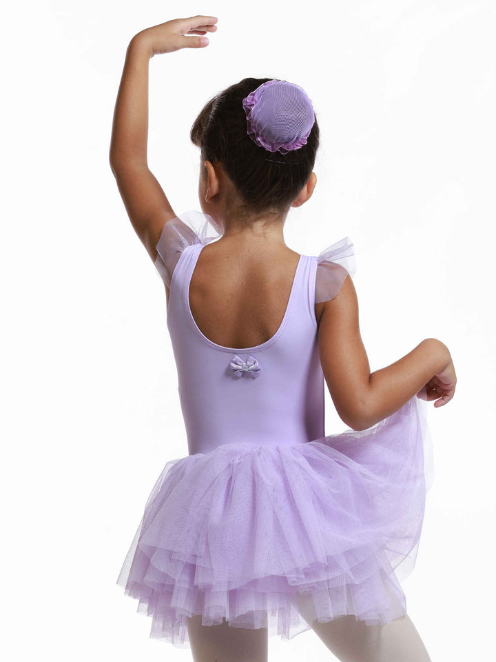 Vestido tutu à manches volantes en tul para niñas, falda volumineuse à plusieurs couches, détail en forme de cœur au dos, idéale pour les clase et actuacións de ballet, couleur lilac - vue du dos