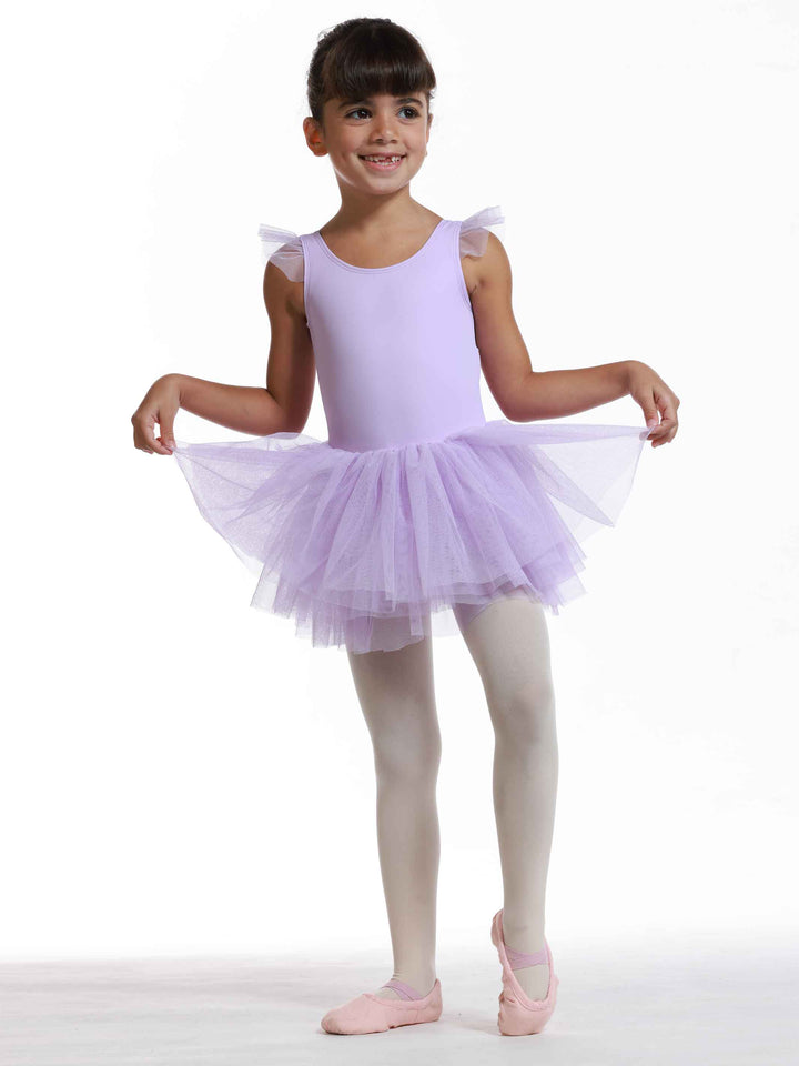 Vestido tutu à manches volantes en tul para niñas, falda volumineuse à plusieurs couches, détail en forme de cœur au dos, idéale pour les clase et actuacións de ballet, couleur lilac - vue de face