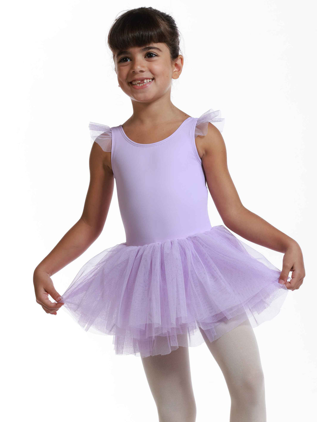 Vestido tutu à manches volantes en tul para niñas, falda volumineuse à plusieurs couches, détail en forme de cœur au dos, idéale pour les clase et actuacións de ballet, couleur lilac