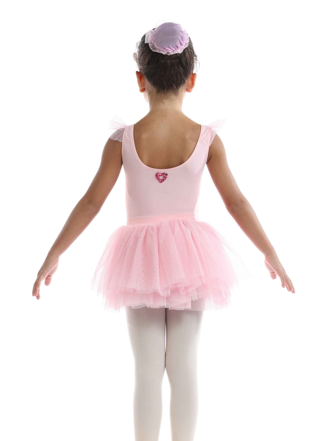 Vestido tutu à manches volantes en tul para niñas, falda volumineuse à plusieurs couches, détail en forme de cœur au dos, idéale pour les clase et actuacións de ballet, couleur rosa clair - vue arrière
