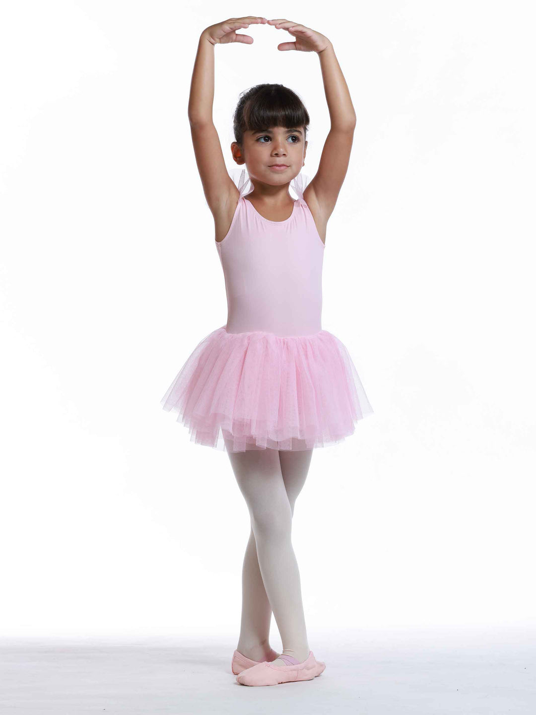 Vestido tutu à manches volantes en tul para niñas, falda volumineuse à plusieurs couches, détail en forme de cœur au dos, idéale pour les clase et actuacións de ballet, couleur rosa clair - vue de face