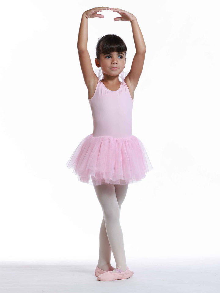 Vestido tutu à manches volantes en tul para niñas, falda volumineuse à plusieurs couches, détail en forme de cœur au dos, idéale pour les clase et actuacións de ballet, couleur rosa clair - vue de face