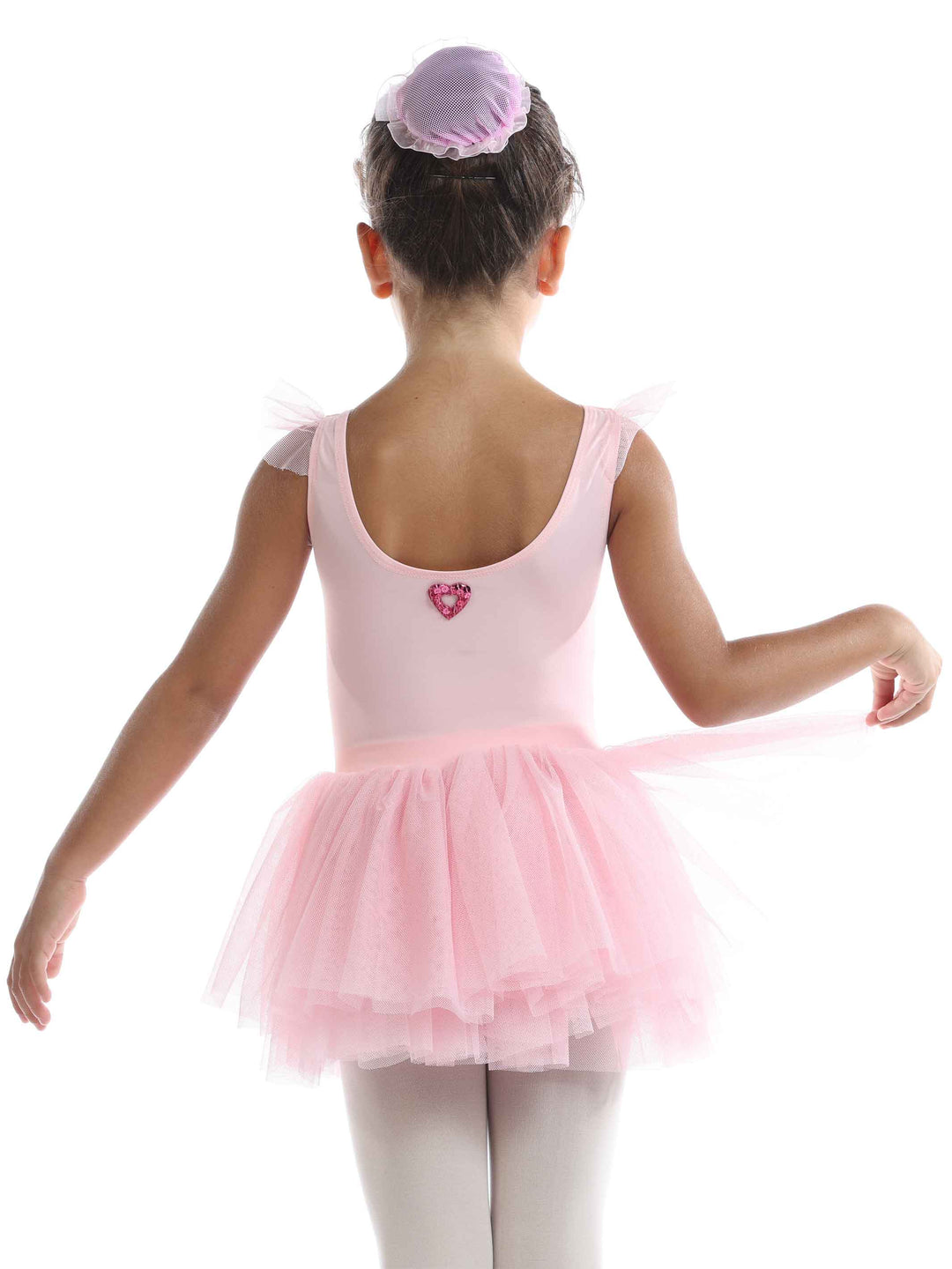 Vestido tutu à manches volantes en tul para niñas, falda volumineuse à plusieurs couches, détail en forme de cœur au dos, idéale pour les clase et actuacións de ballet, couleur rosa clair - vue arrière