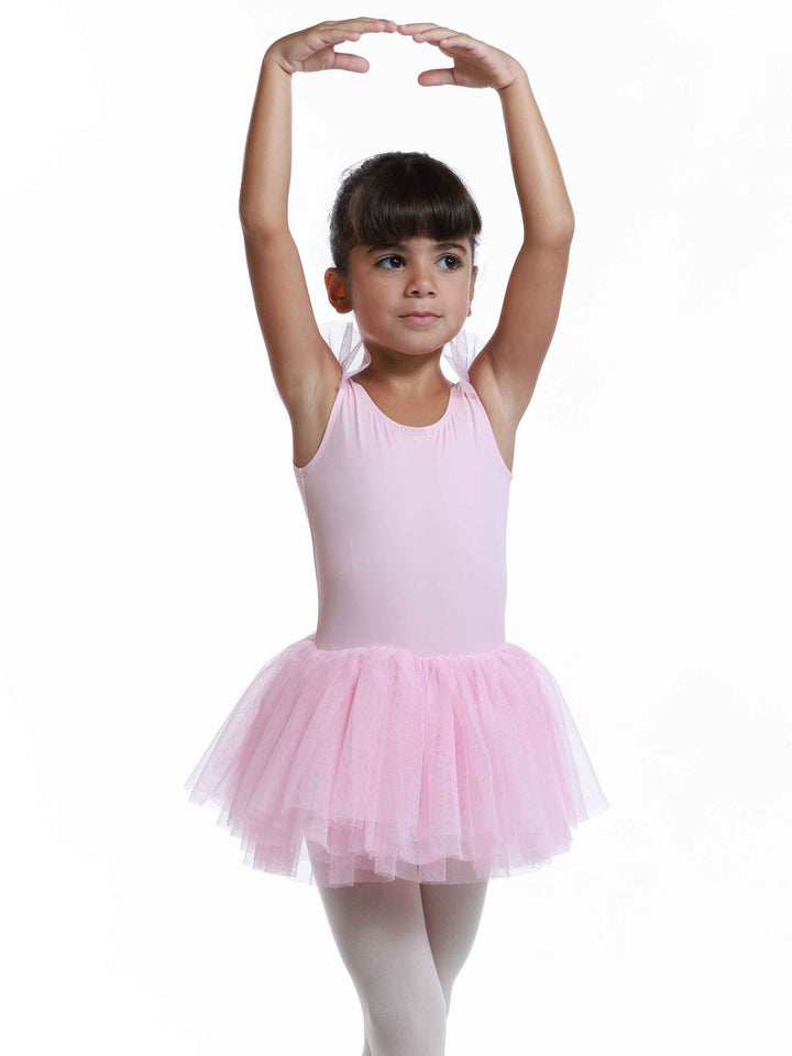 Vestido tutu à manches volantes en tul para niñas, falda volumineuse à plusieurs couches, détail en forme de cœur au dos, idéale pour les clase et actuacións de ballet, couleur rosa clair - vue de face