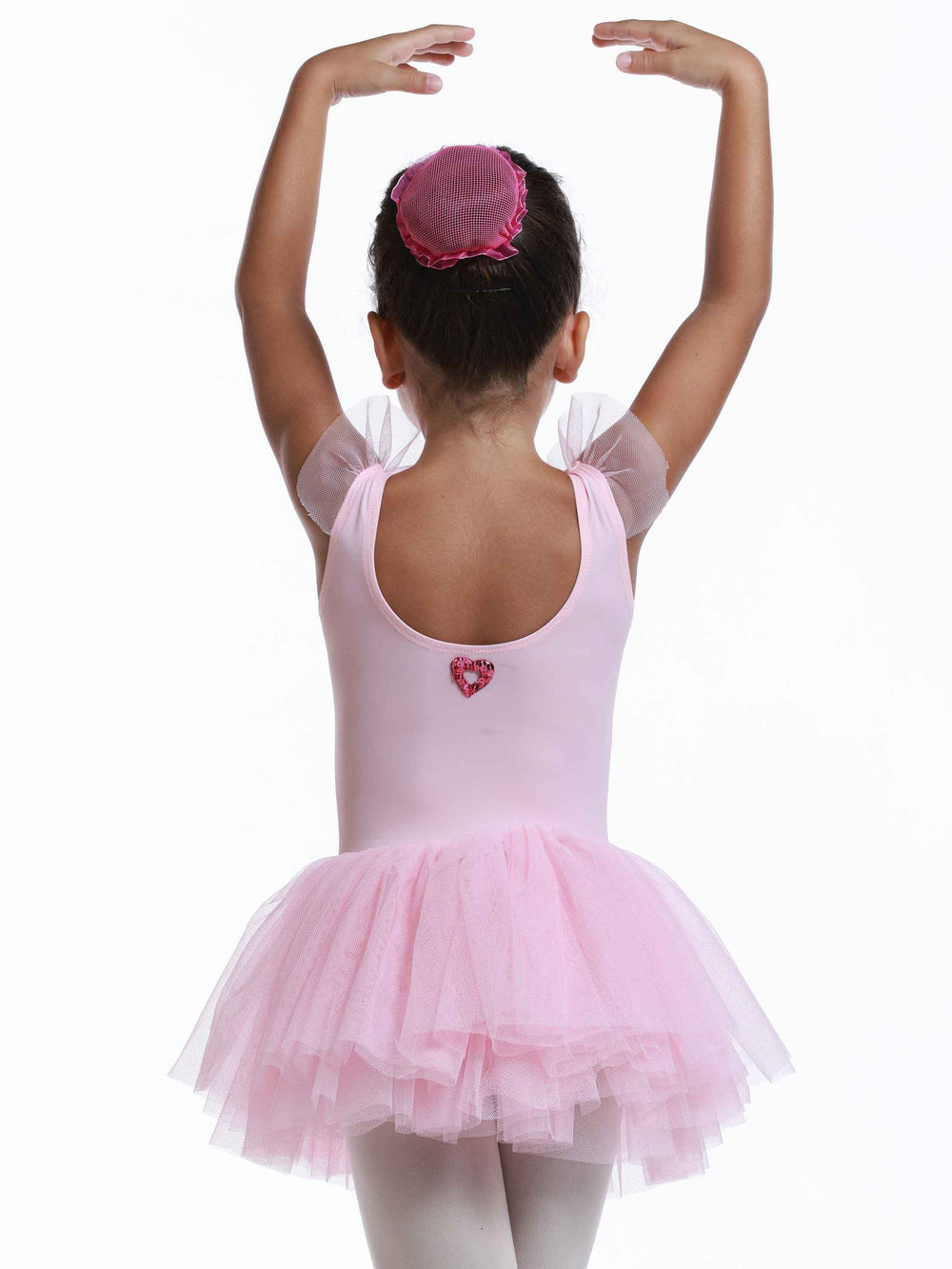 Robe tutu à manches volantes en tulle pour filles, jupe volumineuse à plusieurs couches, détail en forme de cœur au dos, idéale pour les cours et spectacles de danse classique, couleur rose clair - vue arrière