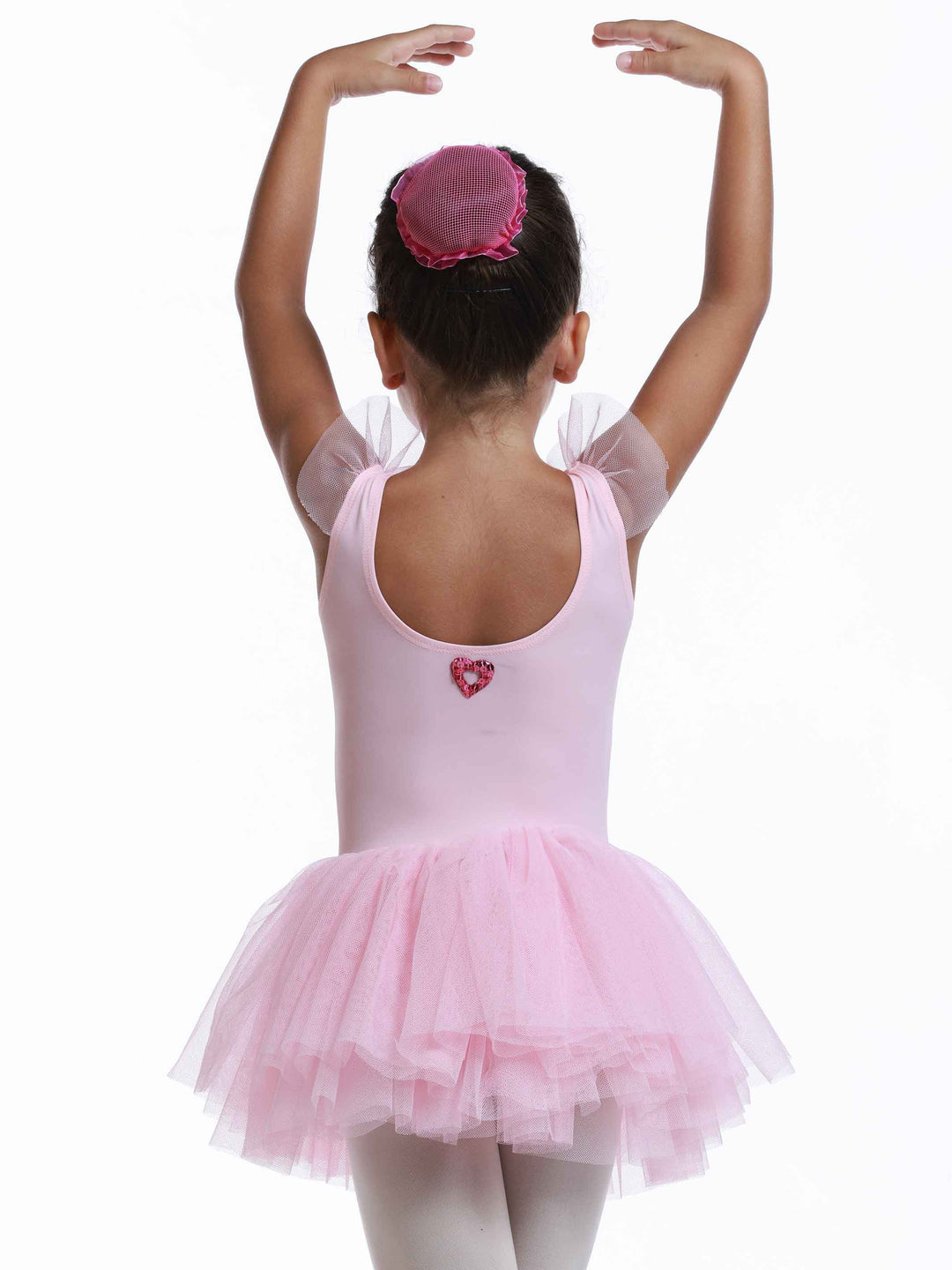 Vestido tutu à manches volantes en tul para niñas, falda volumineuse à plusieurs couches, détail en forme de cœur au dos, idéale pour les clase et actuacións de ballet, couleur rosa clair - vue arrière