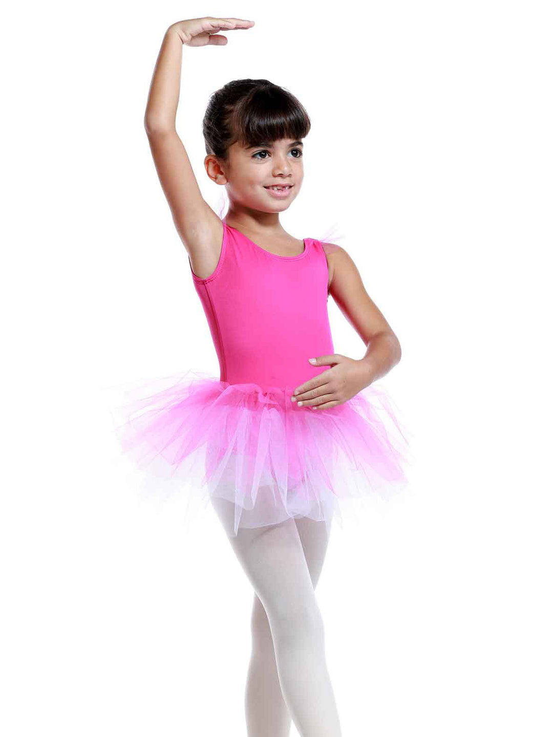 Vestido tutu à manches volantes en tul para niñas, falda volumineuse à plusieurs couches, détail en forme de cœur au dos, idéale pour les clase et actuacións de ballet, couleur rosa vif - vue de face
