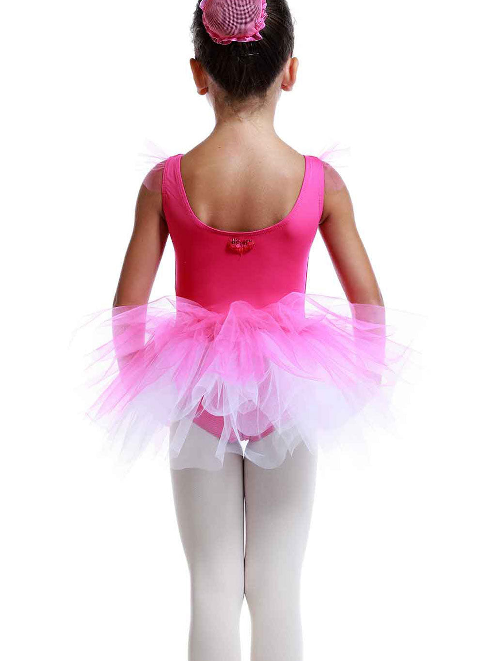 Vestido tutu à manches volantes en tul para niñas, falda volumineuse à plusieurs couches, détail en forme de cœur au dos, idéale pour les clase et actuacións de ballet, couleur rosa vif - vue arrière