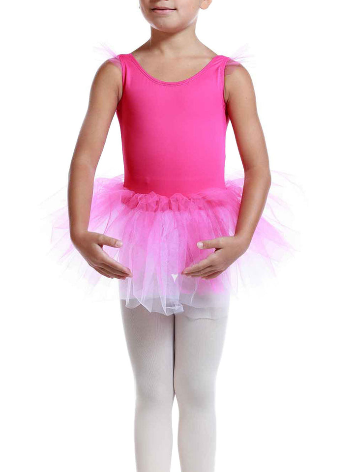 Vestido tutu à manches volantes en tul para niñas, falda volumineuse à plusieurs couches, détail en forme de cœur au dos, idéale pour les clase et actuacións de ballet, couleur rosa vif - vue de face
