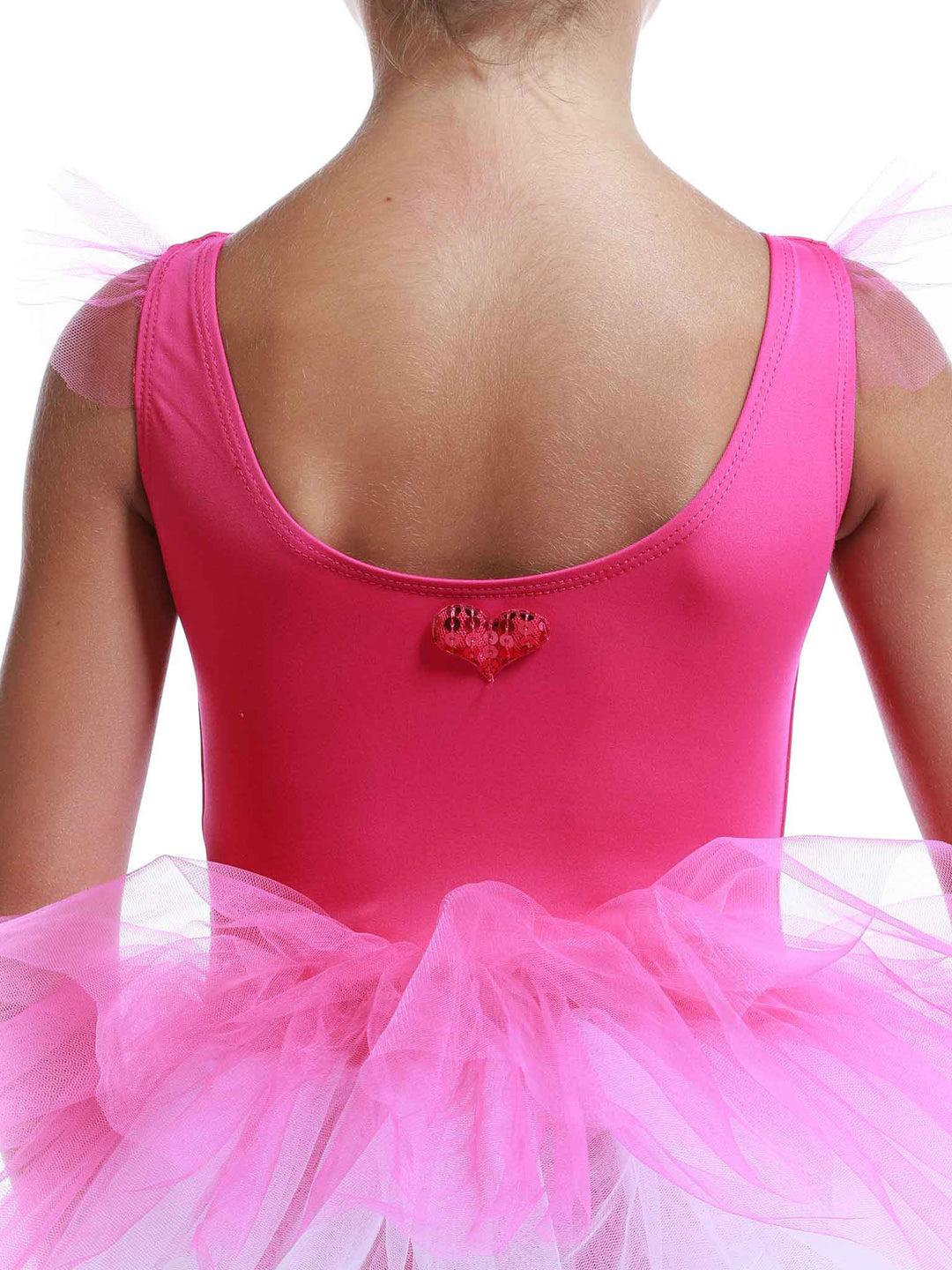 Vestido tutu à manches volantes en tul para niñas, falda volumineuse à plusieurs couches, détail en forme de cœur au dos, idéale pour les clase et actuacións de ballet, couleur rosa vif - vue arrière