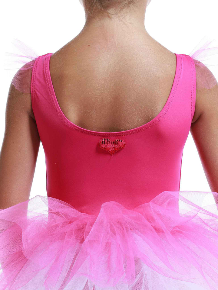 Vestido tutu à manches volantes en tul para niñas, falda volumineuse à plusieurs couches, détail en forme de cœur au dos, idéale pour les clase et actuacións de ballet, couleur rosa vif - vue arrière