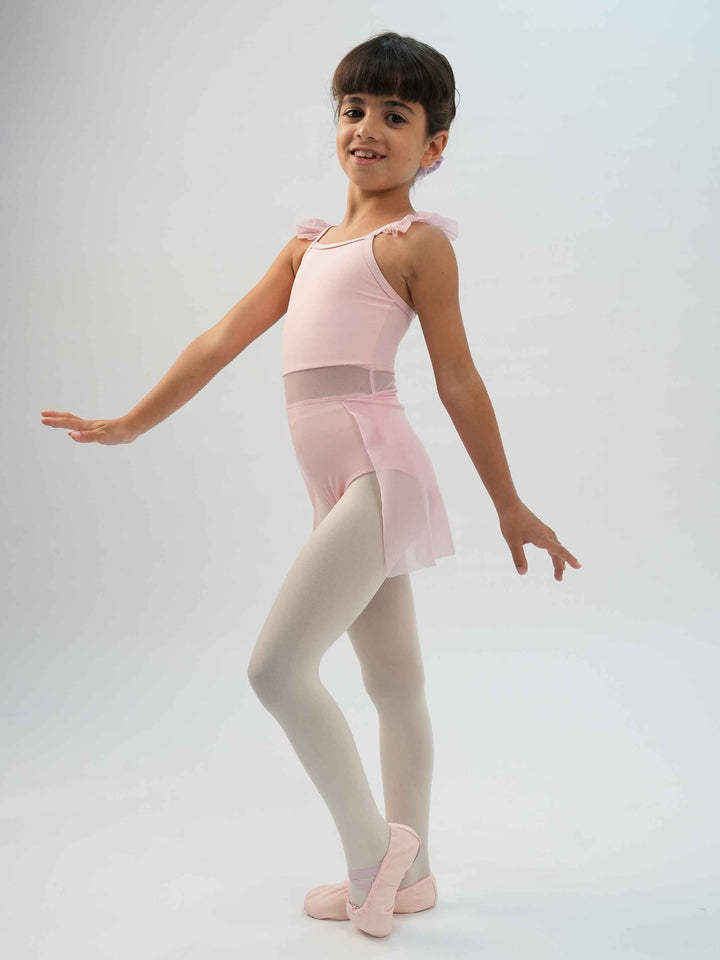 Vestido de ballet camisole avec manches volantes para niña, corsage avec panneau en mesh, falda attachée, design classique avec dos droit et devant en forme de V, couleur rosa clair - vue de côté